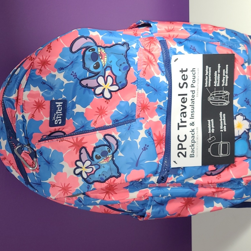 DISNEY  STITCH WITH FLOWERS 2 PC TRAVEL BACKPACK SETS WITH INSULATED POCH NEW .
